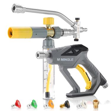 Imagem de M MINGLE Pistola de lavadora de pressão com mini canhão de espuma, acessório de conector duplo, lançador de espuma não diluído com 5 pontas de bocal, conexão rápida de 0,6 cm para lavagem de carro