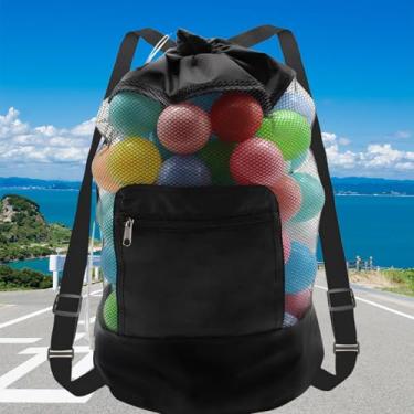 Imagem de Mochila de praia de malha com cordão de praia dobrável bolsa organizadora de brinquedos com alças ajustáveis bolsa de natação de grande capacidade, Preto, UNIFORM