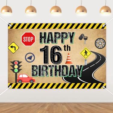 Imagem de Funmemoir Decorações de festa de aniversário com carteira de motorista - Pano de fundo de feliz aniversário de 1,5 x 90 m, oficialmente um fundo de foto de vinil com tema de motorista para placas de