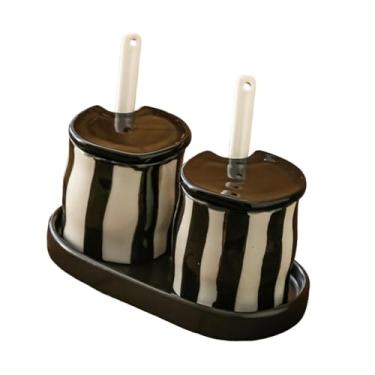 Imagem de KiBcsLic Pote para condimentos com bandeja de suporte, tigela de sal, dispensador de açúcar redondo com tampas e colheres, conjunto de recipientes para, Preto