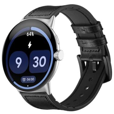 Imagem de PONATTENO Pulseira de couro de substituição compatível com Google Pixel Watch 4 (45 mm), couro genuíno macio respirável com pulseira esportiva de silicone à prova de suor (preto)