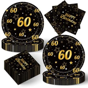 Imagem de 40 peças de decorações de festa de aniversário de 60 anos preto e dourado - Conjunto de guardanapos de pratos de feliz aniversário de 60 anos para 20 convidados