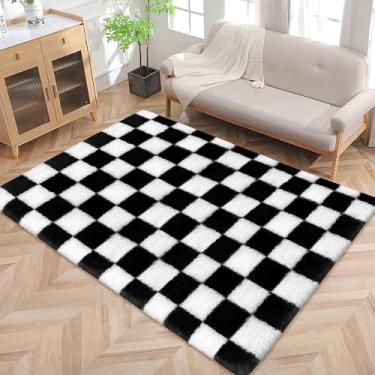 Imagem de Fixseed Tapete preto e branco para quarto, 1,2 x 1,8 m, quadriculado, tapete de tabuleiro de xadrez macio, para quarto de adolescente, sala de aula, berçário, sala de jogos, sala de estar, decoração
