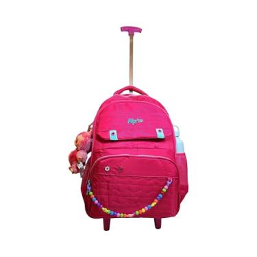 Imagem de K.pee Mochila Escolar com Rodas, Rosa Pink, Alças Ajustáveis, Pompom Decorativo, Bolsos Múltiplos, Detalhes em Azul Turquesa