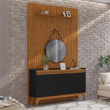 Imagem de Painel Ripado 139cm com Buffet Ripado 3 Portas 136cm - Preto e Cedro