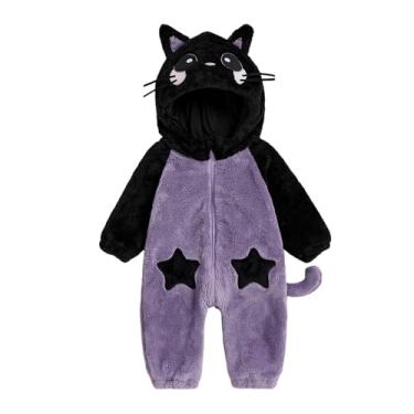 Imagem de Nicoxijia Fantasia de Halloween para bebês com capuz fofo macacão com zíper macacão felpudo outono inverno animal cosplay roupa (J-preto, 6-9 meses)