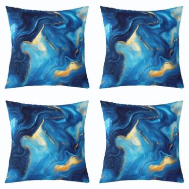 Imagem de Capa de almofada infantil de mármore aquarela, capa de almofada tie dye gradiente artística dupla face, decoração de casa chique com glitter, capa de almofada de sofá de cama azul e dourada, pacote