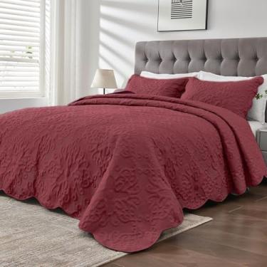 Imagem de Colchas King extragrandes 128 x 120 Colcha extra larga para cama alta, leve, 3 peças, conjunto de fronhas acolchoadas, bordô