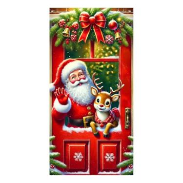 Imagem de BlissYard Capa de porta de Feliz Natal 89,5 x 188 cm, banners de porta de varanda, decoração de inverno, Papai Noel com rena, guirlanda de porta vermelha e flocos de neve para decoração interna e