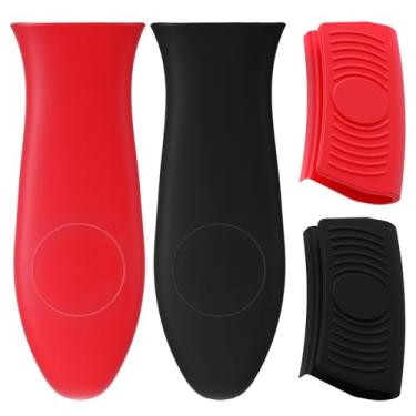 Imagem de LXUEJIE Pacote com 4 suportes de silicone para alça quente, suportes de panela de silicone resistente ao calor, antiderrapante, manopla para panela de ferro fundido (vermelho, preto)