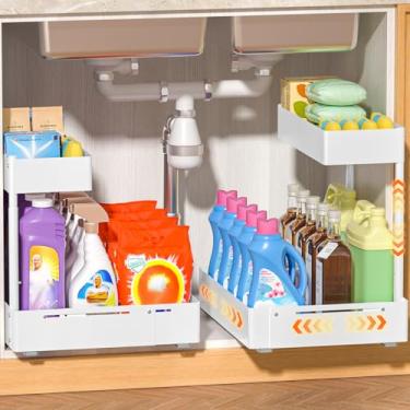 Imagem de YJHome Pacote com 2 organizadores expansíveis sob a pia, organizador de armário de 2 camadas com corrediças lisas de rolamento de esferas, prateleiras de armazenamento de armário de altura ajustável