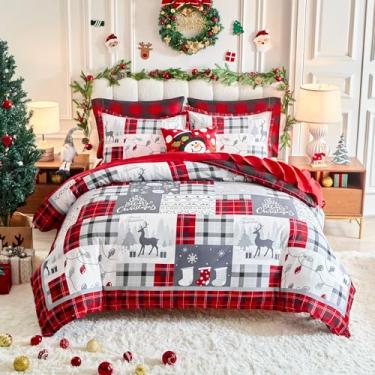 Imagem de Conjunto de capa de edredom de Natal Queen com veados cinzentos, design xadrez vermelho e preto, conjunto de cama de férias inclui 1 capa de edredom e 2 fronhas, perfeito