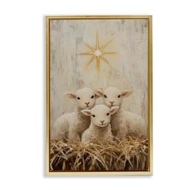 Imagem de Stupell Industries Arte de parede em tela flutuante com moldura preta trio de cordeiros de Natal, design por Petal Prints Design, 63 x 43 cm