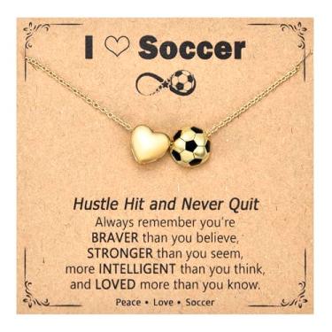 Imagem de PODLEV Presentes de futebol para mulheres, meninas, colar com pingente de coração banhado a ouro ajustável, 40,6 cm + 5 cm, acessórios esportivos, joias, Natal, aniversário, dias de jogos, presentes