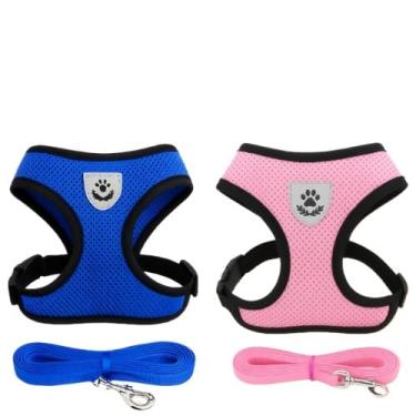 Imagem de Coleira de Malha Flexível com Colete Peitoral Ajustável para Cão Cachorro Gato Animais (1 unid Azul + 1 unid Rosa,G)