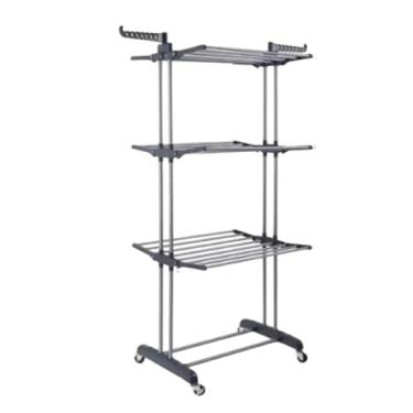 Imagem de Multi Varal de Chão com 3 Andares, Dobrável e Portátil, 6 Prateleiras, Aço e ABS, Cinza, 170x70x65cm, Capacidade 48kg, com Rodízios e Cabideiro