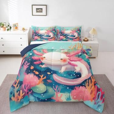 Imagem de Jogo de cama solteiro com axolote de animal de estimação, animais marinhos náuticos, réptil, planta botânica coral, réptil, para crianças, meninas, meninos, oceano azul, vida selvagem, salamandra