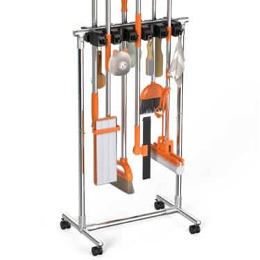 Imagem de TIWROSTI Suporte de vassoura, organização de lavanderia, organizador de suprimentos de limpeza móvel, carrinho de limpeza com 10 prateleiras e 12 ganchos, vassoura sem broca e suporte de esfregão para
