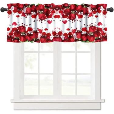 Imagem de TFOSO Cortina de saia rosa, decoração de casa floral vermelha romântica cortinas de arte moderna para cozinha, quarto, café, tratamento de janela, 1 painel 137 cm L x 45 cm C