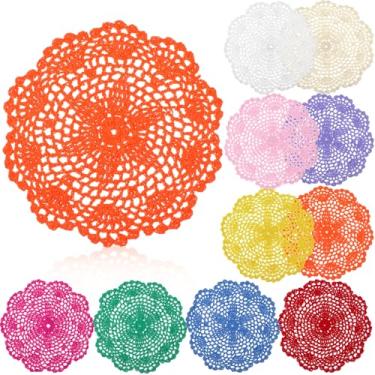 Imagem de Gandeer Porta-copos de crochê coloridos feitos à mão com 10 peças, 20 cm, jogo americano redondo de renda com padrões florais, conjunto de pano para decoração de festa de casamento
