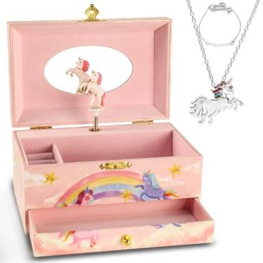 Imagem de Cipherwest Conjunto de caixa de joias musical de unicórnio rosa para meninas – toca linda melodia sonhadora – inclui colar, pulseira, gaveta e estatueta rotativa de unicórnio.
