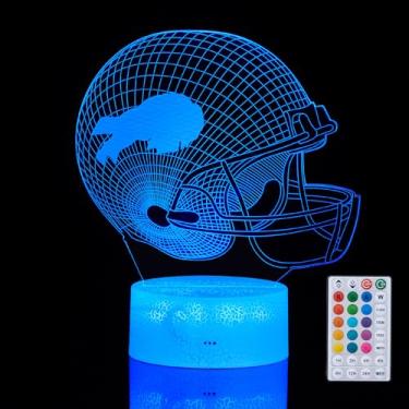 Imagem de Capacete de futebol com ilusão de ótica 3D, luz noturna de LED de 16 cores com controle remoto, USB e bateria - Lâmpada de cabeceira com controle de toque para presentes de fãs de buffalo, decoração