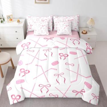 Imagem de Conjunto de edredom de hóquei no gelo, 7 peças, lindo conjunto de cama com laço de princesa para crianças, meninas, gravata borboleta rosa estampada em uma bolsa com edredom, lençóis e fronhas, casal
