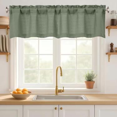 Imagem de Ebesto Saia verde sálvia para janelas de 35 cm de comprimento, cortina de cozinha texturizada de linho falso com filtro de luz para banheiro, café, porão de lavanderia, design de bolso de haste dupla