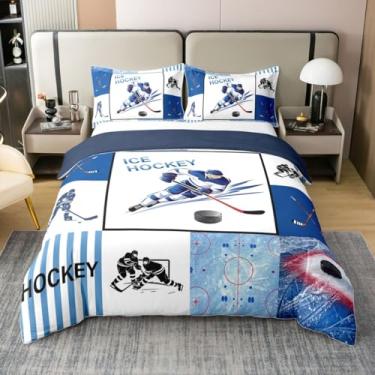 Imagem de Jogo de edredom com estampa de jogador de hóquei no gelo, 100% algodão, jogo de cama solteiro com bola esportiva de inverno, jogos competitivos, trabalho em equipe, decoração de quarto de esportes de