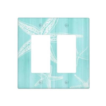 Imagem de BHGAHD Capas decorativas vintage azul de madeira estrela-do-mar náutica 2 gangues placa de cobertura para interruptor de luz duplo balancim placa de interruptor de placa frontal para quarto decoração