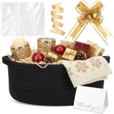 Imagem de Colingmill Cesta de tecido com sacos de presente e 2 fitas, enchimento de papel de grama ráfia, cartão de presente, cesta de corda pequena vazia para armazenamento e organizador de brinquedos (preto)