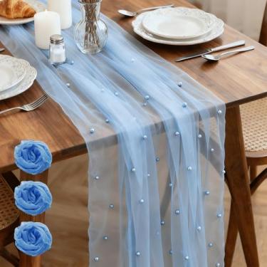 Imagem de Yivioep Pacote com 3 Caminho de mesa pérola, tecido de tule 79 x 300 cm com pérolas para arco de casamento, festa de aniversário, decoração de chá de bebê, decoração de mesa de sobremesa de véu de