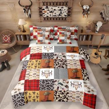 Imagem de Jogo de cama king-size country western com 7 peças | Conjunto de cama rústica com chapéu de cowboy e chapéu de caubói, decoração de cavalo, cowboys, conjunto de cama e lençol de casal, de couro bovino