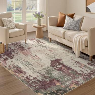 Imagem de UERMEI Tapete de área de 10 x 15 cm - Lavável, neutro, moderno, abstrato, macio, fino, tapete antiderrapante para quarto, embaixo da mesa de jantar, decoração de escritório em casa - roxo/verde/bege