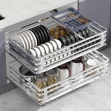 Imagem de Organizador de armário deslizante, gavetas deslizantes de aço inoxidável para armários de cozinha com caixa de coleção, trilhos ajustáveis, trilho guia de amortecimento, prata para armário de 70 cm