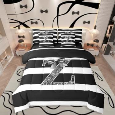 Imagem de Erosebridal Jogo de cama solteiro com inicial Z e laço preto, 7 peças, para decoração de quarto de crianças, adultos, mulheres, decoração de quarto de princesa