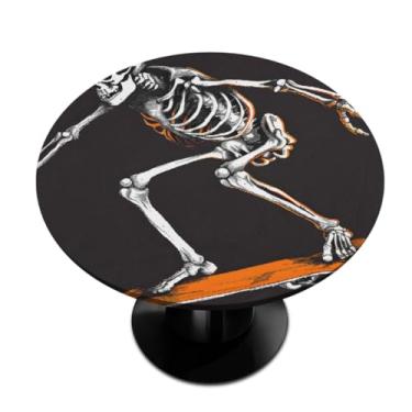 Imagem de hongjinglin Toalha de mesa redonda com borda elástica esportiva esqueleto skate, pequena capa de mesa circular, toalha de mesa redonda limpa para ambientes internos e externos, pátio, sala de jantar