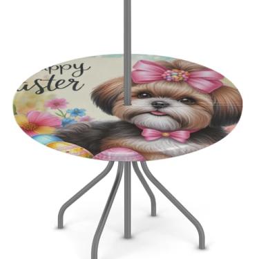 Imagem de hongjinglin Toalha de mesa de Páscoa para uso ao ar livre com orifício para guarda-chuva, toalha de mesa redonda elástica com zíper, impermeável, limpável, para piquenique, festa, pátio, serve para