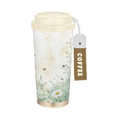 Imagem de SEHANY Caneca de viagem Green Grasses Wildflower 482 g Copos de café reutilizáveis revestidos de cerâmica com tampa à prova de vazamento, parede dupla, isolamento a vácuo, copo de café de aço