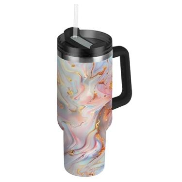 Imagem de SEHANY Copo colorido com padrão de mármore de 850 g com tampa e canudo, aço inoxidável de vácuo duplo isolado garrafa de água esportiva suporte para copo de café de viagem à prova de vazamento para