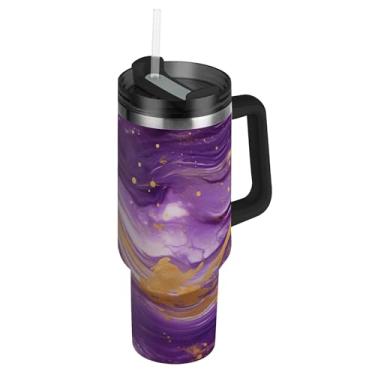 Imagem de SEHANY Copo de mármore roxo de 850 g com tampa e canudo, aço inoxidável de vácuo duplo isolado garrafa de água esportiva suporte para copo de café de viagem à prova de vazamento para bebida gelada