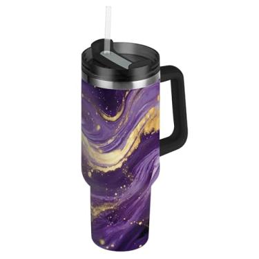 Imagem de SEHANY Copo de mármore roxo de 1,134 g com tampa e canudo, aço inoxidável de vácuo duplo isolado garrafa de água esportiva suporte para copo de café de viagem à prova de vazamento para bebida gelada