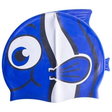 Imagem de Touca de Natação Impermeável，Toca de Natação Adulto，Touca de Natação Silicone Infantil Kids Impermeável Peixinho(Azul Escuro)