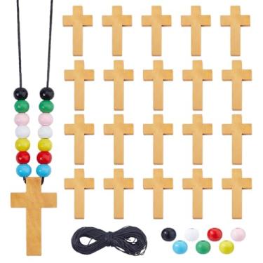Imagem de DICOSMETIC Colar com pingente de cruz de madeira de artesanato religioso DIY incluindo 280 peças, 7 cores, contas de madeira redondas pintadas em spray, 20 peças, pingentes de cruz de madeira de bordo