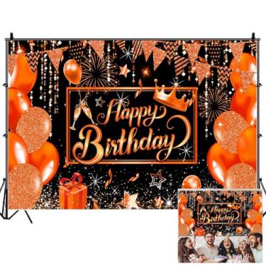 Imagem de Cenários de festa de feliz aniversário laranja para sessão de fotos, balões laranja e preto, decoração de festa, pano de fundo de parede para decoração de fotografia, estúdio fotográfico, fundos de