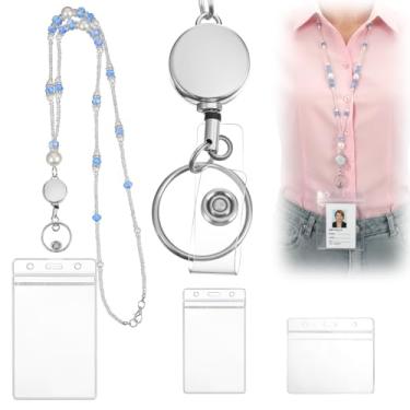 Imagem de YBEATY Cordões para crachás de identificação e chaves com contas para professores, cordão retrátil com 2 peças, porta-crachás à prova d'água, chaveiro bonito e mais forte para mulheres, escritório