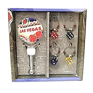 Imagem de Conjunto de 5 peças de vinho Las Vegas - rolha de garrafa de vidro com 4 pingentes de taça de vinho de dados