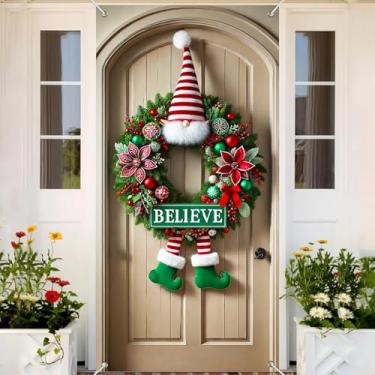 Imagem de BlissYard Banner de cobertura de porta de Natal, 89 x 188 cm, placa de crença grande com guirlanda de gnomo, flores vermelhas e verdes, decoração de varanda para férias, ambientes internos e externos