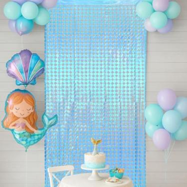 Imagem de Cortina de chuva azul a laser simples, cortina de franja de folha de tinsel metálica azul claro, cenário de foto de festa, flâmulas de festa para aniversário, formatura, decorações de véspera de ano