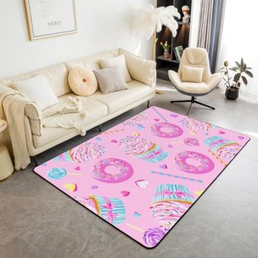 Imagem de Manfei Sobremesa rosa para crianças, tapete fofo com estampa de sorvete de donut, tapetes para meninos e meninas, tapete decorativo de comida doce para sala de estar, tapetes absorventes, 90 cm x 1,5